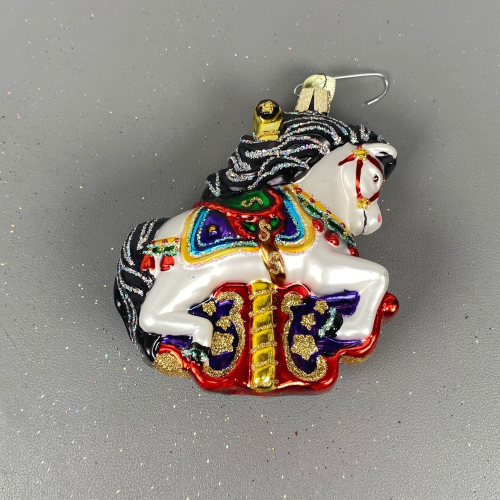 Old World Christmas Carousel Horse Glass Ornament White Black Glitter OWC 12108